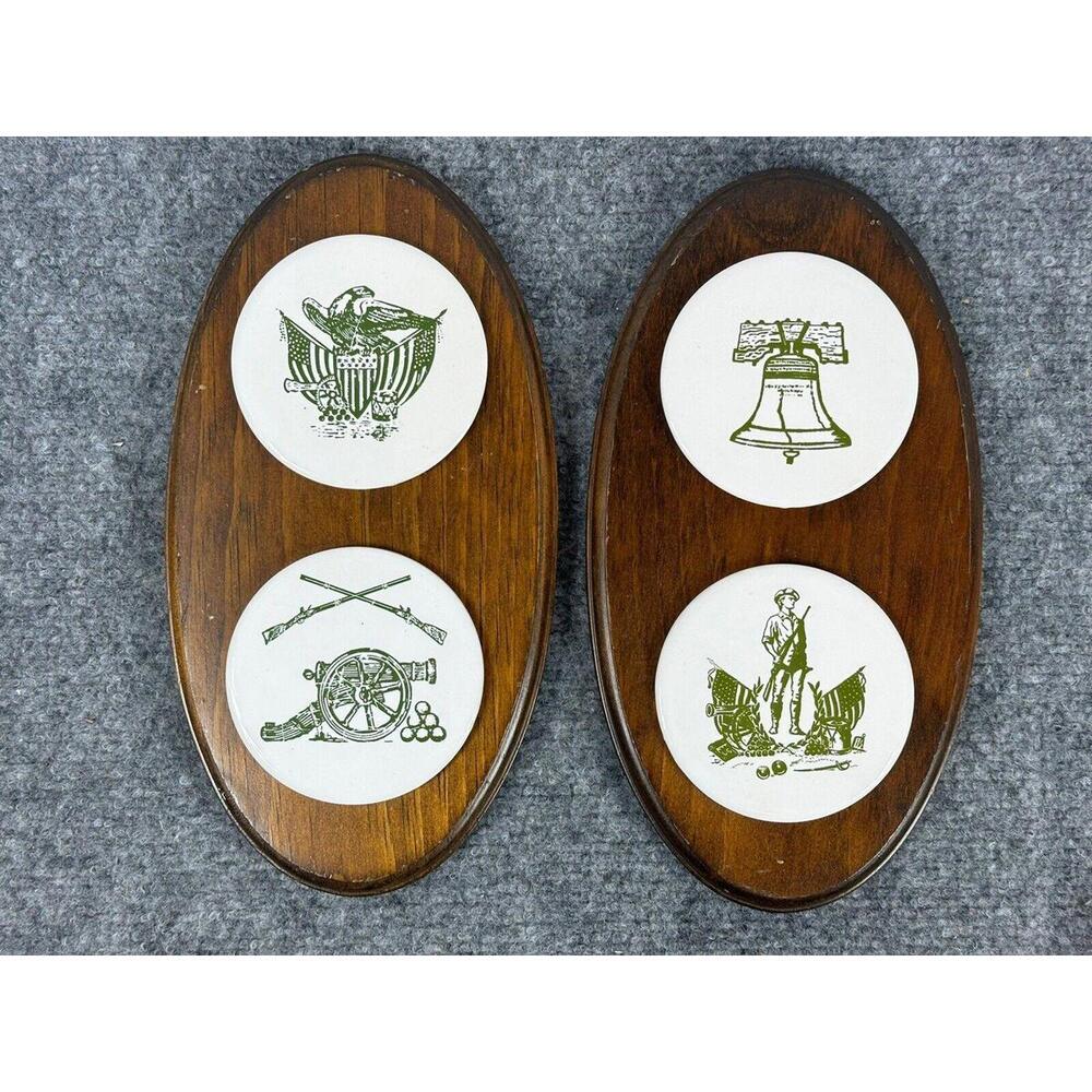 VTG Wall Art‎ Patriotic Ceramic Disks America Eagle Liberty Bell Cannon Soldier